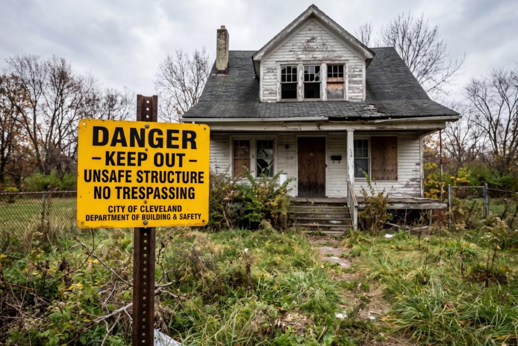 warning sign in front of distressed house foreclosure auction risks