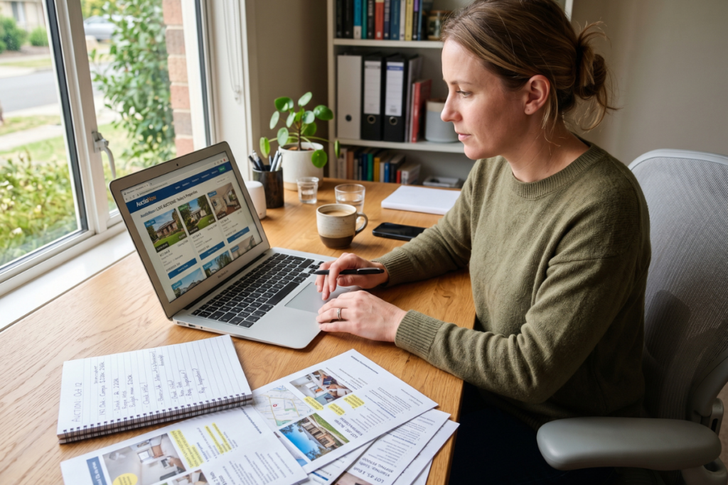 person researching foreclosure auctions online real estate listings